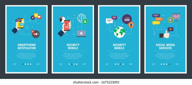 Set of internet banner design templates for web sites, internet marketing, and business. Smartphone notification, security mobile, internet services, social media services.Flat design vector.