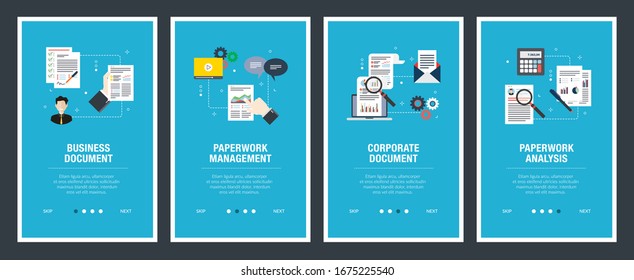 Set of internet banner design templates for web sites, internet marketing, and business. Business document, paperwork management, corporate document, paperwork analysis. Flat design vector.