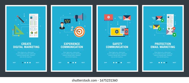 Set of internet banner design templates for web sites, internet marketing, and business. Digital marketing, experience, and safety communication, protection email marketing.Flat design vector.