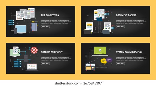 Conjunto de plantillas de diseño de banners de Internet para sitios web, marketing en Internet y negocios. Conexión de archivos, copia de seguridad de documentos, equipo de uso compartido y comunicación del sistema. Vector de diseño plano.