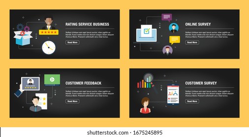 Set of internet banner design templates for web sites, internet marketing, and business. Rating service business, online survey, customer feedback, and customer survey. Flat design vector.