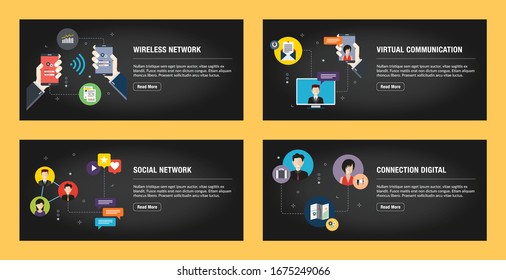 Conjunto de plantillas de diseño de banners de Internet para sitios web, marketing en Internet y negocios. Red inalámbrica, comunicación virtual, red social, conexión digital. Vector de diseño plano.