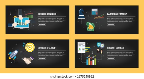 Set of internet banner design templates for web sites, internet marketing, and business.Success business, earnings strategy, success startup, and growth success. Flat design vector.