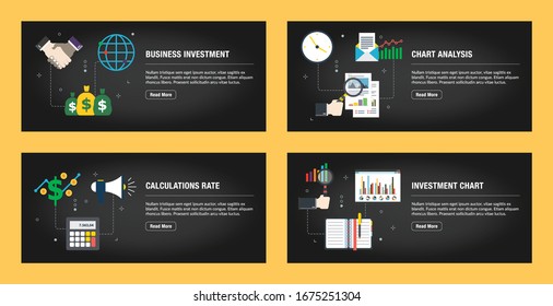 Conjunto de plantillas de diseño de banners de Internet para sitios Web, marketing en Internet y negocios.Inversión empresarial, análisis de gráficos, tasa de cálculo y gráfico de inversión.Vector de diseño plano.