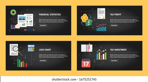 Set of internet banner design templates for web sites, internet marketing, and business.Financial statistics, tax profit, loss chart and tax investment.Flat design vector.