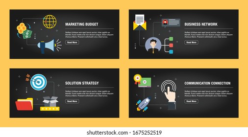 Set von Internet-Banner-Design-Vorlagen für Web-Sites, Internet-Marketing und Business.Marketing-Budget, Business-Netzwerk, Lösung Strategie, Kommunikation Verbindung. Flaches Design Vektorillustration.