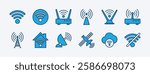Set of internet broadband connection technology icon. Containing wifi button, router, modem, antenna, tower, wireless signal, no connection, satellite dish, network, access. Vector illustration