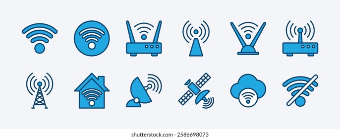 Set of internet broadband connection technology icon. Containing wifi button, router, modem, antenna, tower, wireless signal, no connection, satellite dish, network, access. Vector illustration