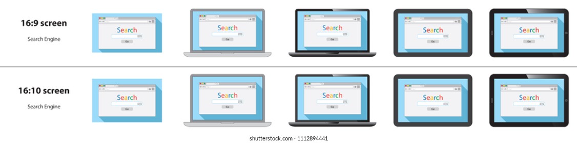 Set of Internet browser window with Search engine web page on light blue background on notebook, on tablet