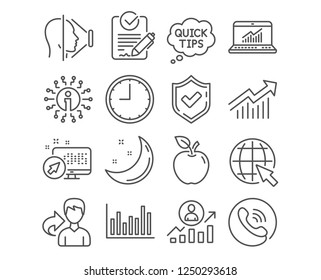 Set of Internet, Career ladder and Time icons. Face id, Online statistics and Demand curve signs. Bar diagram, Rfp and Quick tips symbols. World web, Manager results, Office clock. Vector