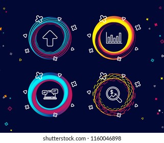 Set of Internet chat, Column chart and Upload icons. Currency audit sign. Online communication, Financial graph, Load arrowhead. Money chart.  Circle banners with line icons. Gradient colors shapes
