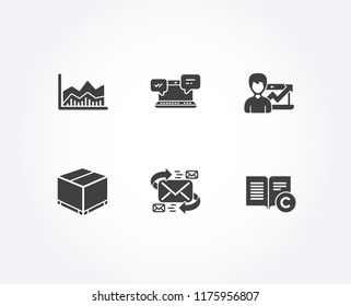 Set of Internet chat, Delivery box and E-mail icons. Trade infochart, Success business and Ð¡opyright signs. Online communication, Cargo package, Communication by letters. Vector