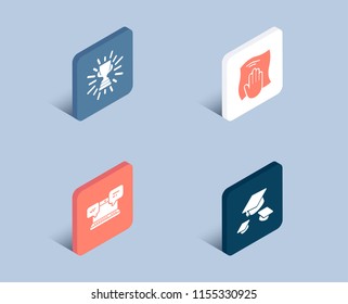 Set of Internet chat, Trophy and Washing cloth icons. Throw hats sign. Online communication, Winner cup, Wipe with a rag. College graduation.  3d isometric buttons. Flat design concept. Vector