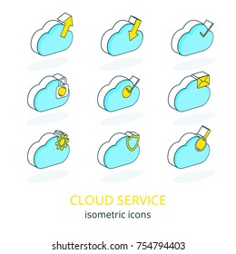 Set of Internet Cloud Service Isometric Icons-upload,download,security lock,shield protection,mail,checkbox,settings,loupe search.Web Network Data Storage Technology or Mobile Phone App Concept.