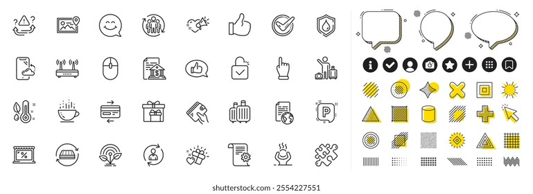 Set of Internet document, Incubator and Airport transfer line icons for web app. Design elements, Social media icons. Smartphone cloud, Feedback, Coffee cup icons. Market, Teamwork, Like signs. Vector