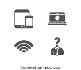 Set of Internet downloading, Wifi and Mobile devices icons. Hiring employees sign. Load data, Wi-fi internet, Smartphone with tablet. Human resources.  Quality design elements. Classic style. Vector