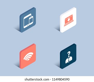 Set of Internet downloading, Wifi and Mobile devices icons. Hiring employees sign. Load data, Wi-fi internet, Smartphone with tablet. Human resources.  3d isometric buttons. Flat design concept