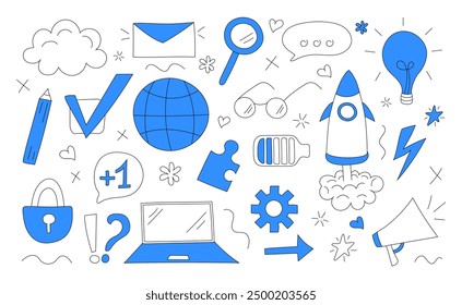 Set with internet elements. Web technology concept. Hand-drawn vector illustration.