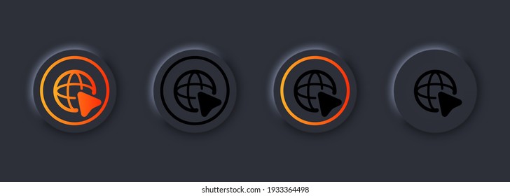 Set of internet icon with cursor. World international earth globe icon. Globe symbol silhouette. World icons. Vector EPS 10.Neumorphic UI UX dark user interface. Neumorphism