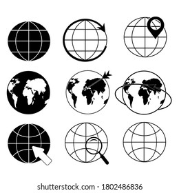Set of internet icons. Globe, planet earth black icons on a white background. Round spheres of various types, internet connection and communication icon. Vector image.
