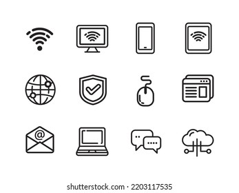 Conjunto de iconos de Internet con estilo lineal aislado en fondo blanco