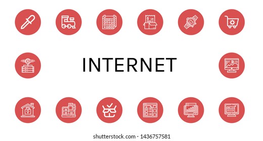 Set of internet icons such as Screwdriver, Train, Schedule, Bill, Smartwatch, Shopping cart, Unlock, Laptop, Packed, Information, Chart, Resize, Data storage, Bitcoin , internet