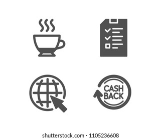 Set of Internet, Interview and Espresso icons. Cashback sign. World web, Checklist file, Hot drink. Refund commission.  Quality design elements. Classic style. Vector