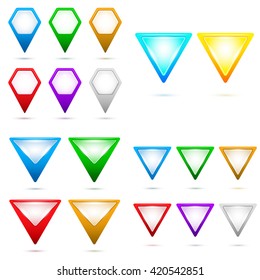 Set internet Map pointer in the form of triangle isolated arrows on white background with shadow and light flares. Vector illustration EPS 10 design elements for brochure layout or button website