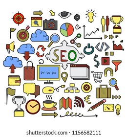 Set of Internet Marketing doodle vector. Creative colour art hand draw illustration on white