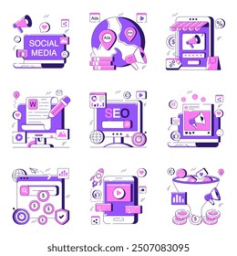Conjunto de ilustración plana de marketing en Internet 

