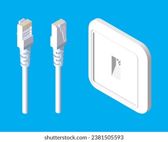 Set of internet network plug and socket. LAN port and connector. 3D isometric illustration.