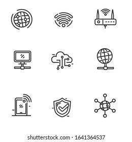 Set of internet network related icons in black line design isolated on white background 