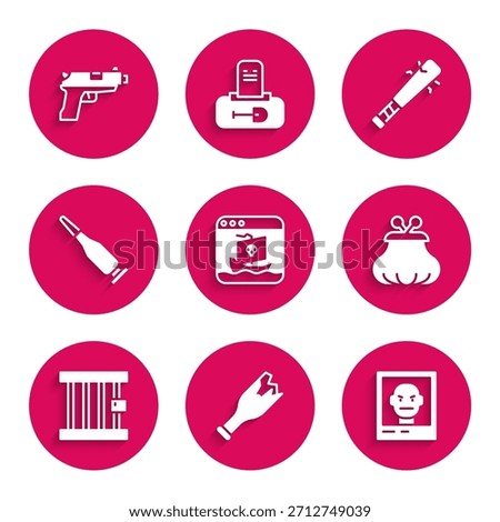 Set Internet piracy, Broken bottle as weapon, Wanted poster, Wallet, Prison window, Bullet, Baseball bat with nails and Pistol or gun icon. Vector