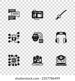 Fijar la piratería en Internet, auriculares, la visión informática, el robot humanoide, Katana, el chat de burbuja de voz, la tarjeta madre y el icono de la ciberseguridad. Vector