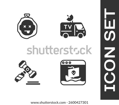 Set Internet piracy, Murder, Judge gavel and TV News car icon. Vector