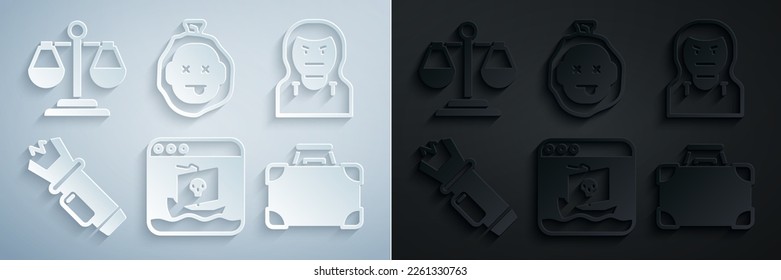Set Internet piracy, Thief mask, Police electric shocker, Briefcase and money, Murder and Scales of justice icon. Vector