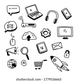 Set of internet related doodle vector with black color such as chatting, email, computer, phone and more