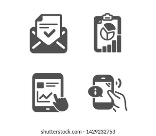 Set of Internet report, Report and Approved mail icons. Call center sign. Web tutorial, Presentation chart, Confirmed document. Phone support.  Classic design internet report icon. Flat design. Vector