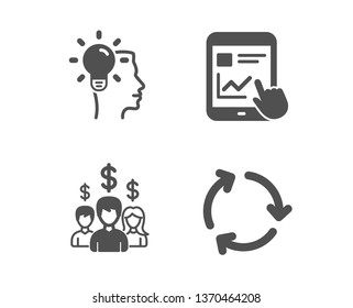 Set of Internet report, Idea and Salary employees icons. Recycling sign. Web tutorial, Professional job, People earnings. Reduce waste.  Classic design internet report icon. Flat design. Vector