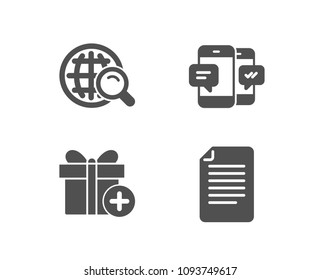 Set of Internet search, Add gift and Smartphone sms icons. File sign. Web finder, Present box, Mobile messages. Paper page.  Quality design elements. Classic style. Vector
