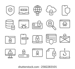 Set of internet security icons in simple thin line. Collection of icons related to cyber security, including data protection, safe browsing, password, clickbait, incognito, etc. Editable stroke