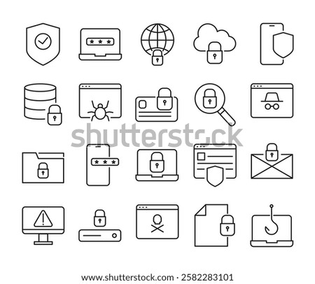 Set of internet security icons in simple thin line. Collection of icons related to cyber security, including data protection, safe browsing, password, clickbait, incognito, etc. Editable stroke