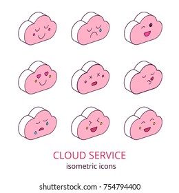 Set of Internet Service Cloud Emoticons Isometric Icons.Funny cartoon cute cloud emoji characters with different comic emotions.Elements of Web Design,Mobile Phone App Concept.
