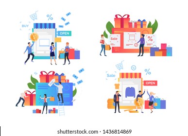 Set of internet shop owners. Group of people preparing for seasonal sales. Vector illustration for presentation, online sales, small business