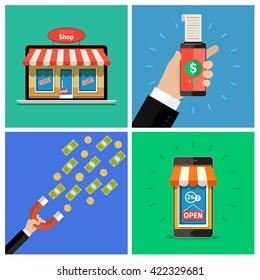 Set of Internet shopping concept. E-commerce. Online store. Web money and payments. Pay per click.