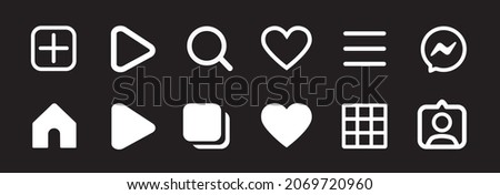 Set of internet social media instagram icons. Vector interface illustration: like, follower, comment, home, camera, user, search. Line icon.
