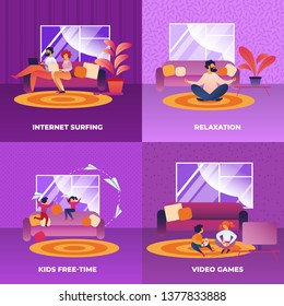 Set Internet Surfing, Relaxation, Video Games, Kids Free Time. Married Couple Sitting on Couch, Crawling Internet on Laptop. Children are Having Fun and Playing Room. Relaxing in Meditation.