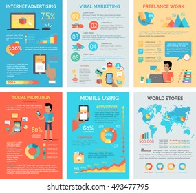 Set of internet technology infographic vectors. Flat style. Internet advertising, viral marketing, freelance work, social promotion, mobile using, world stores concept illustrations with diagrams.