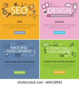 Set of internet technology web banners. SEO and design web templates. Back end and front development developing square concepts with vector line art pictogram and icons for company landing page