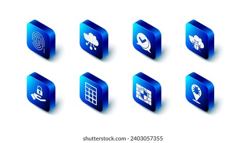 Set Internet of things, Check mark speech bubble, System bug on cloud, Shield with brick wall, Password protection, Lock hand and Fingerprint icon. Vector